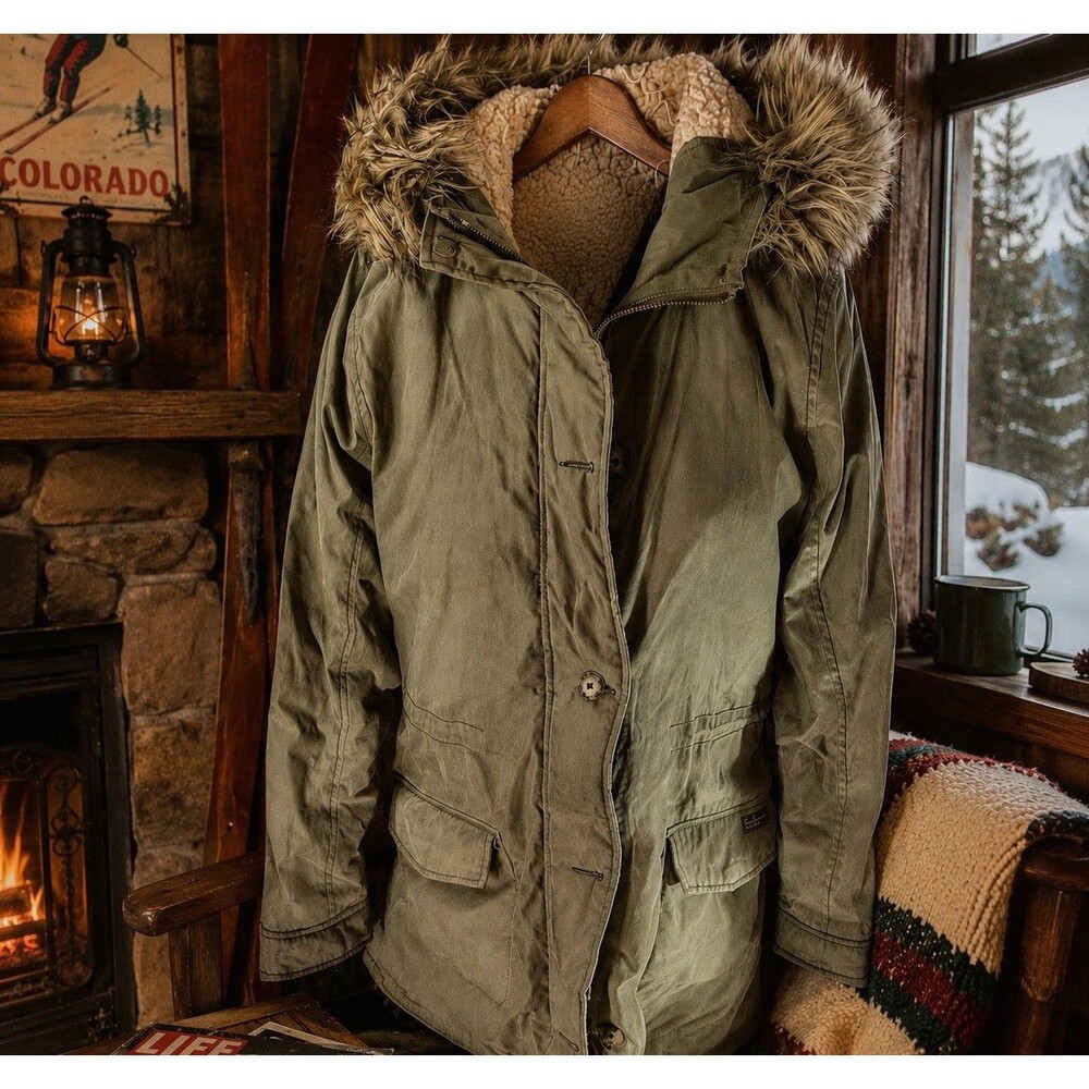 Abercrombie Fitch Parka Womens M Coat Military Sherpa Lined Faux Fur Trim Olive